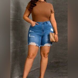High Waist Ripped Raw Hem Denim Long Shorts, 1X, NWOT